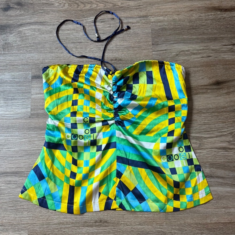 Coogi Halter Top Silk Geometric Pop Art Y2K Stretch | Womens Size Large - Picture 2 of 8